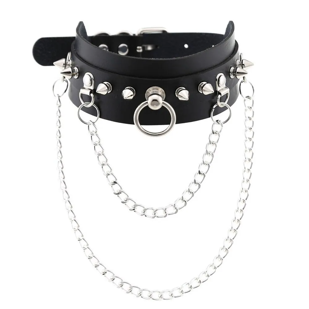 Adjustable Studded Choker with Two Chains / Sexy BDSM Collars