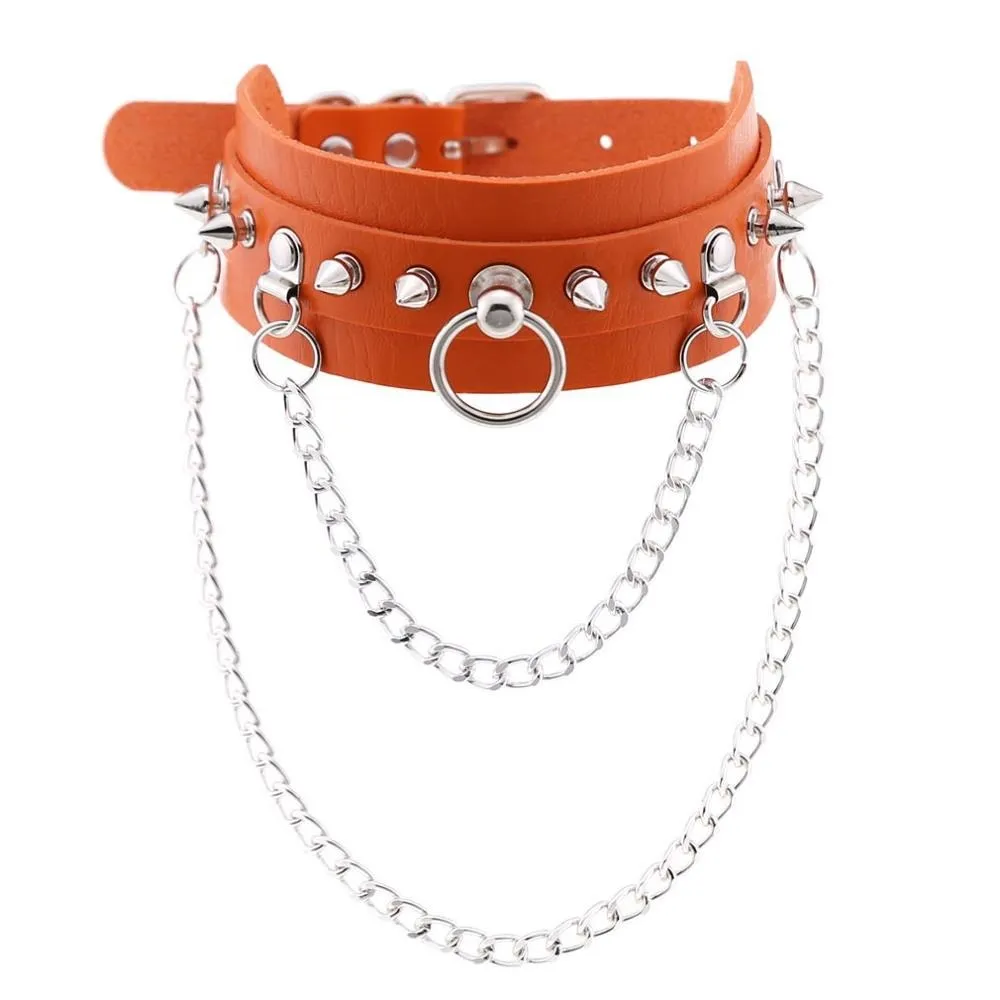 Adjustable Studded Choker with Two Chains / Sexy BDSM Collars