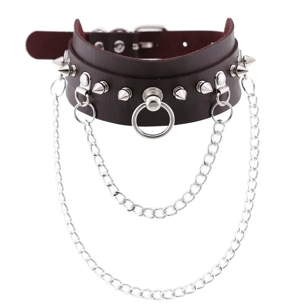 Adjustable Studded Choker with Two Chains / Sexy BDSM Collars