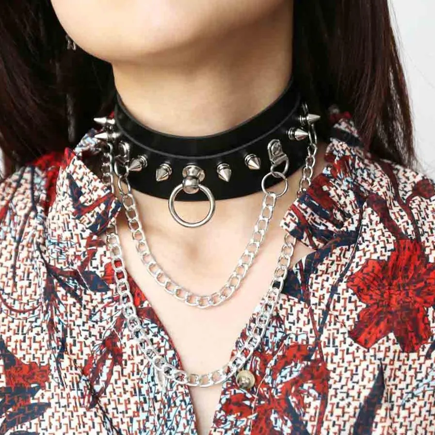 Adjustable Studded Choker with Two Chains / Sexy BDSM Collars