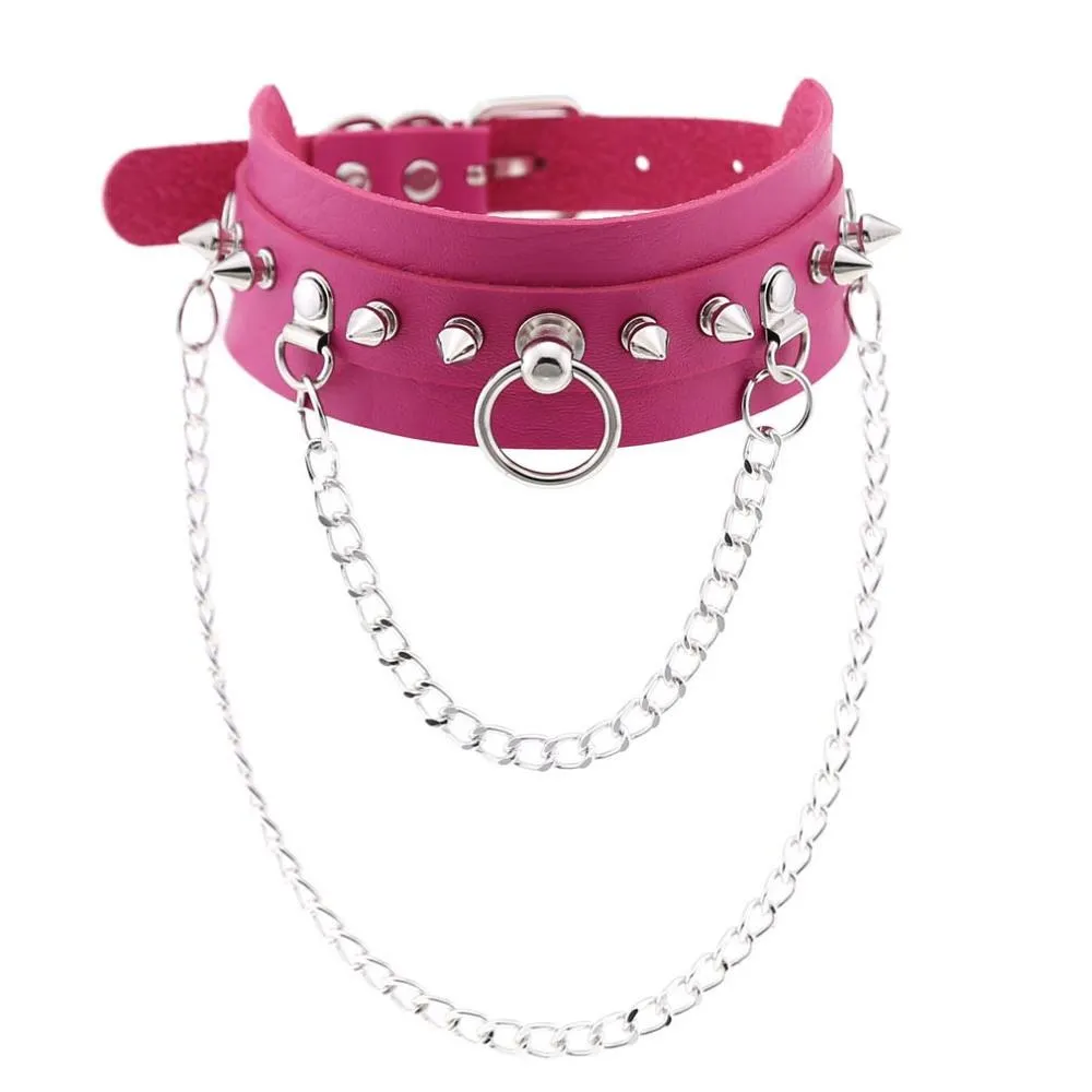 Adjustable Studded Choker with Two Chains / Sexy BDSM Collars