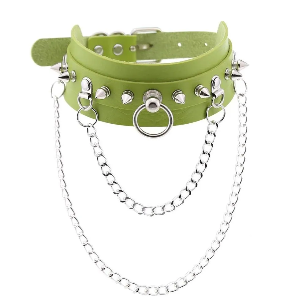 Adjustable Studded Choker with Two Chains / Sexy BDSM Collars
