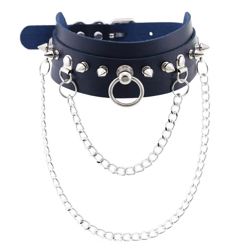 Adjustable Studded Choker with Two Chains / Sexy BDSM Collars