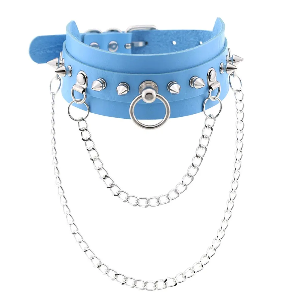 Adjustable Studded Choker with Two Chains / Sexy BDSM Collars