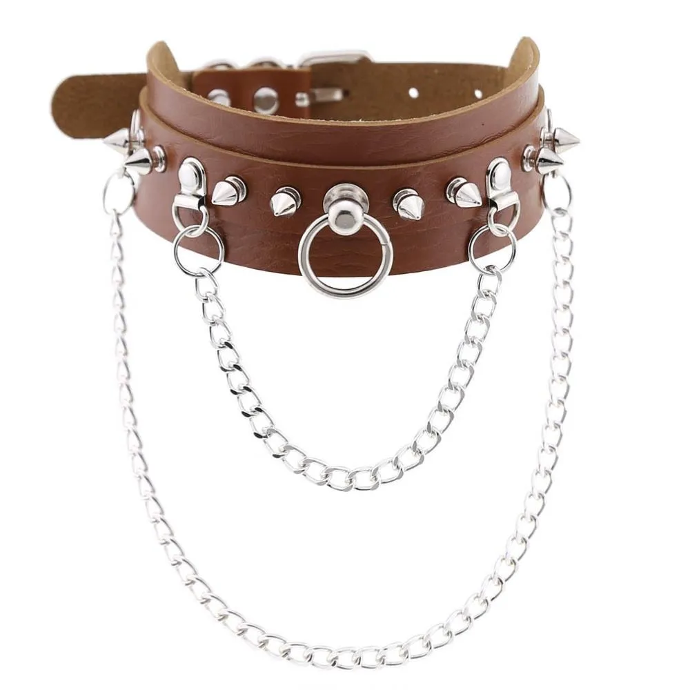 Adjustable Studded Choker with Two Chains / Sexy BDSM Collars