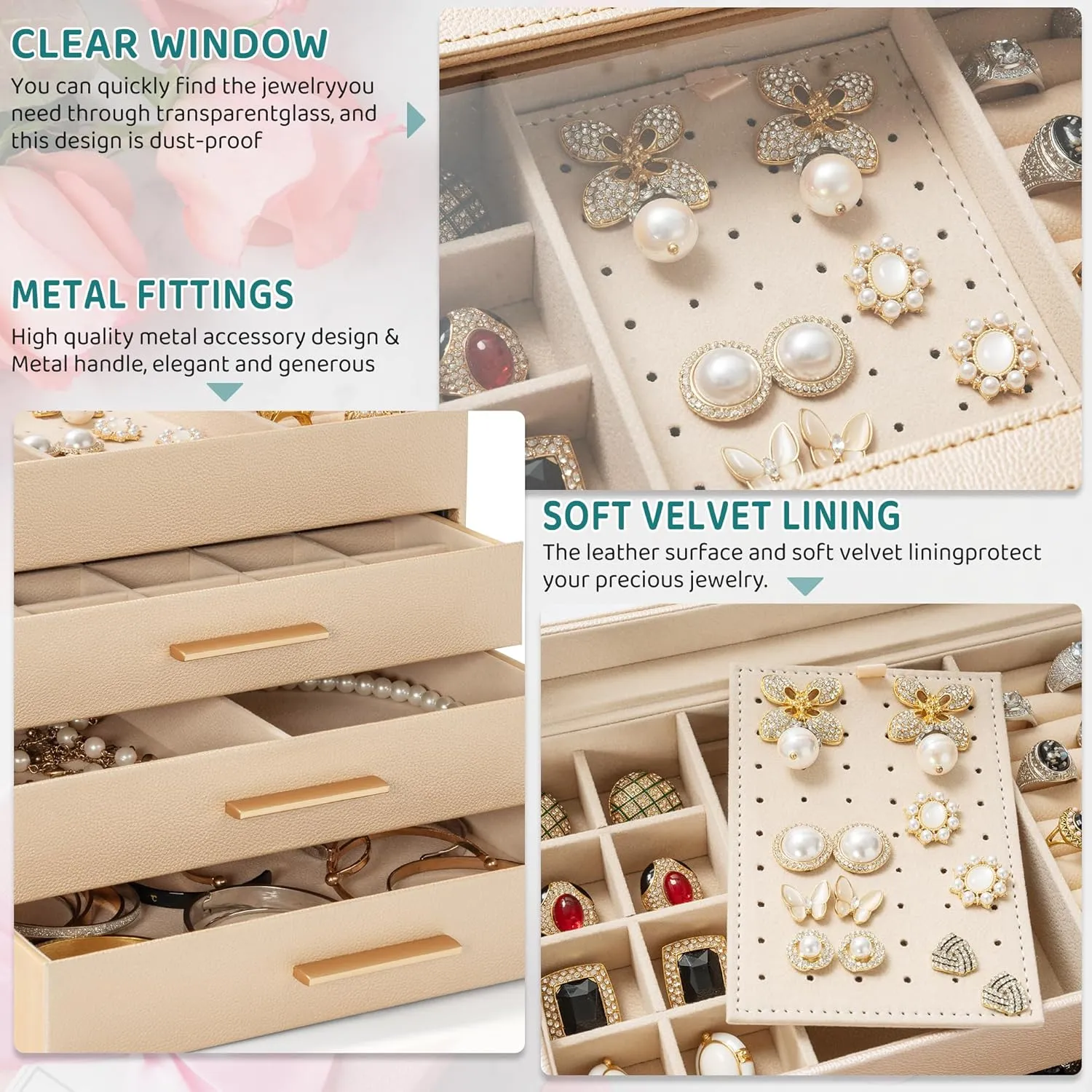 AKOZLIN 4-Tier Jewelry Box with Clear Glass Lid Functional Leather Jewelry Storage Organizer Case 3 Drawers for Women Girls Necklace Ring Bracelet Earring