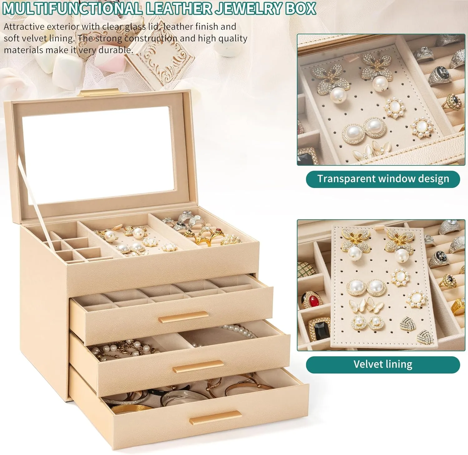 AKOZLIN 4-Tier Jewelry Box with Clear Glass Lid Functional Leather Jewelry Storage Organizer Case 3 Drawers for Women Girls Necklace Ring Bracelet Earring