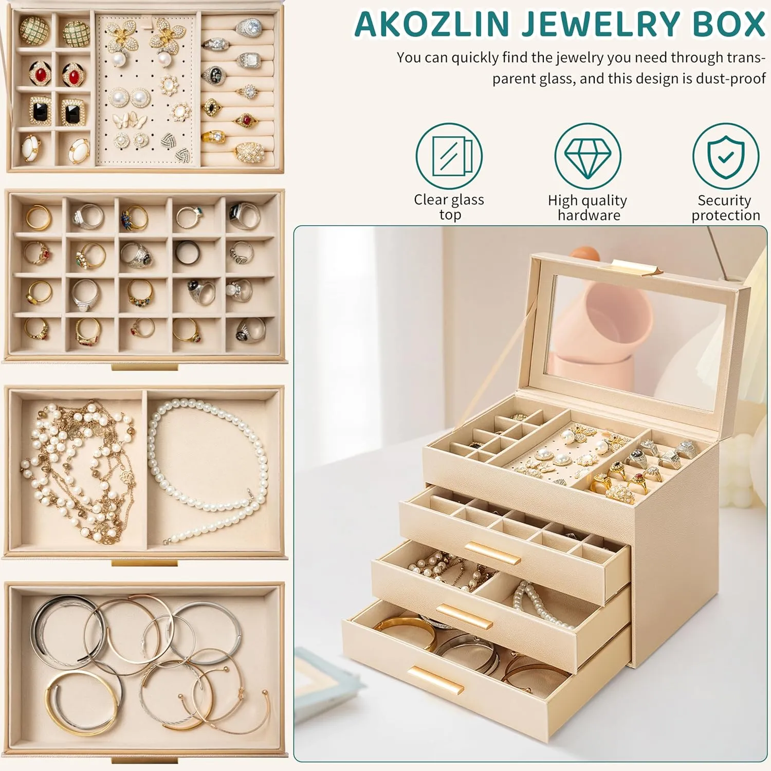 AKOZLIN 4-Tier Jewelry Box with Clear Glass Lid Functional Leather Jewelry Storage Organizer Case 3 Drawers for Women Girls Necklace Ring Bracelet Earring
