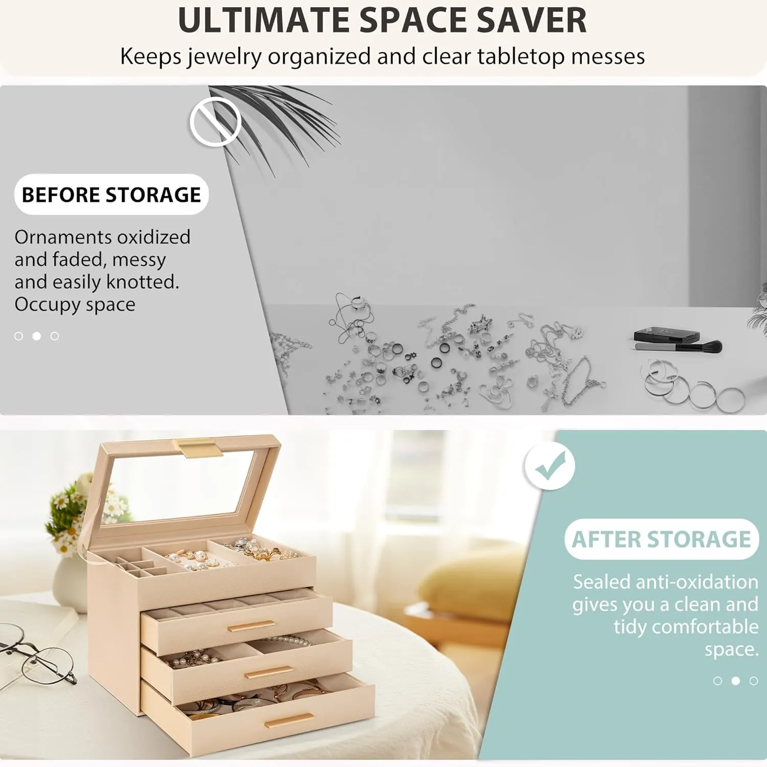 AKOZLIN 4-Tier Jewelry Box with Clear Glass Lid Functional Leather Jewelry Storage Organizer Case 3 Drawers for Women Girls Necklace Ring Bracelet Earring