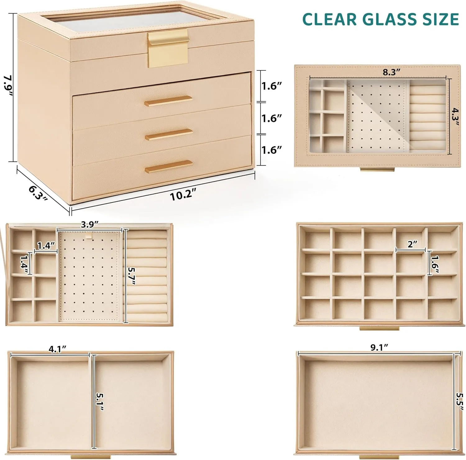 AKOZLIN 4-Tier Jewelry Box with Clear Glass Lid Functional Leather Jewelry Storage Organizer Case 3 Drawers for Women Girls Necklace Ring Bracelet Earring