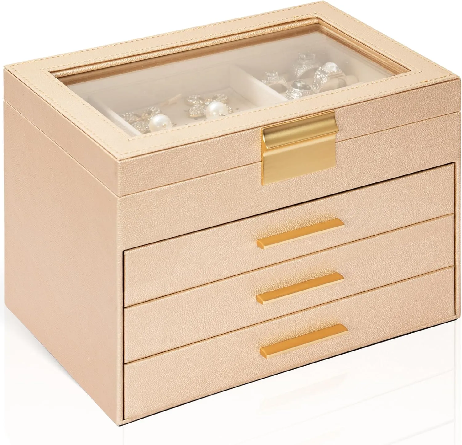 AKOZLIN 4-Tier Jewelry Box with Clear Glass Lid Functional Leather Jewelry Storage Organizer Case 3 Drawers for Women Girls Necklace Ring Bracelet Earring