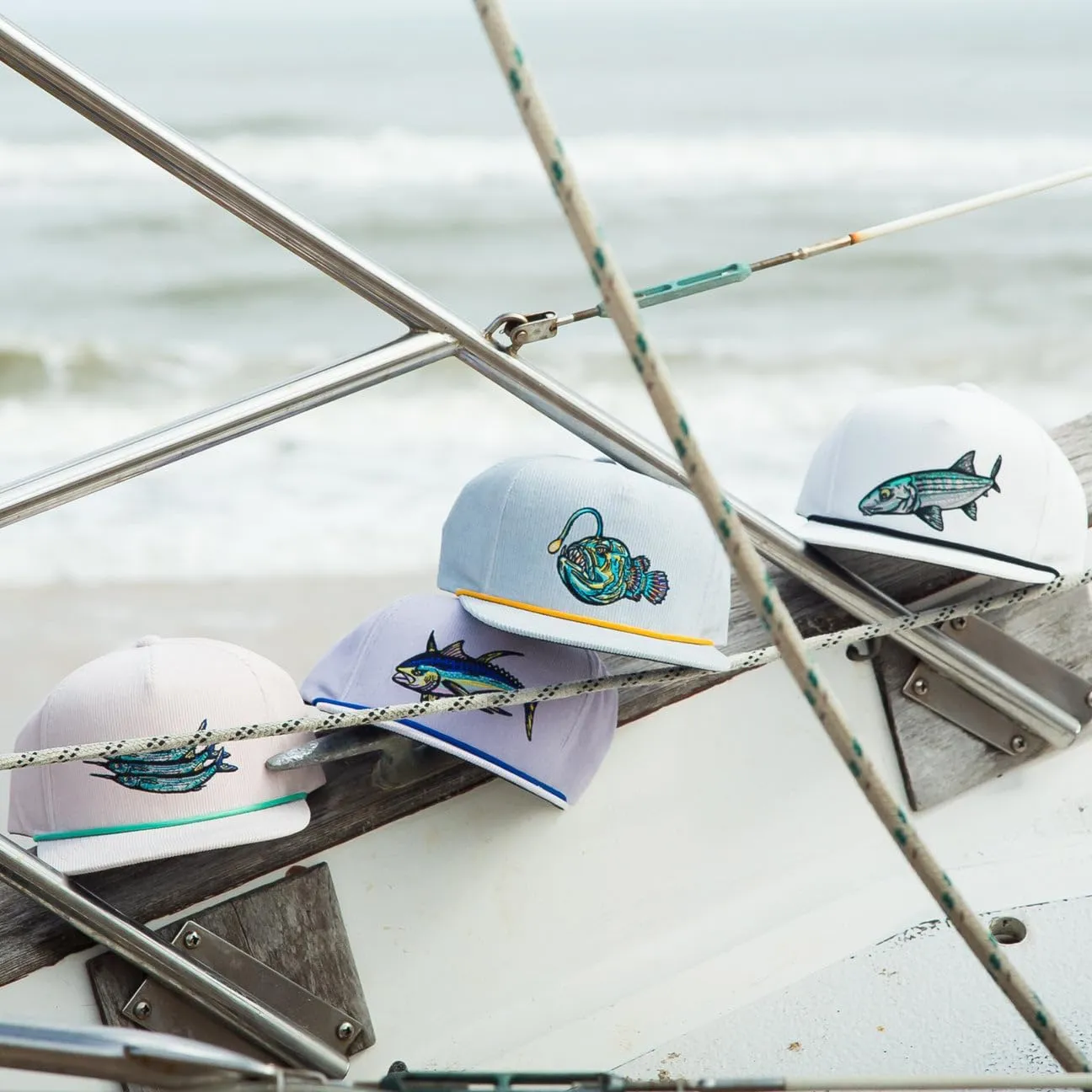 Bajo Flat Brim Fishing Hat  Marine Art Snapback Trucker Cap with Embroidered Ocean Design, Breathable and Coastal-Ready