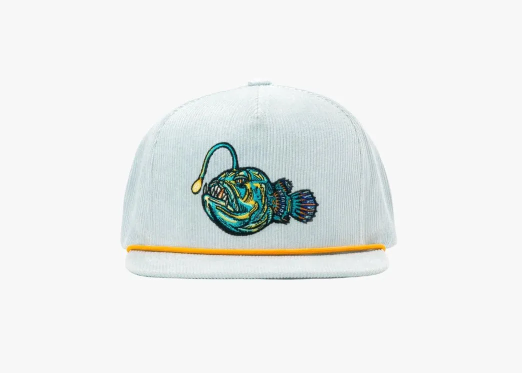 Bajo Flat Brim Fishing Hat  Marine Art Snapback Trucker Cap with Embroidered Ocean Design, Breathable and Coastal-Ready