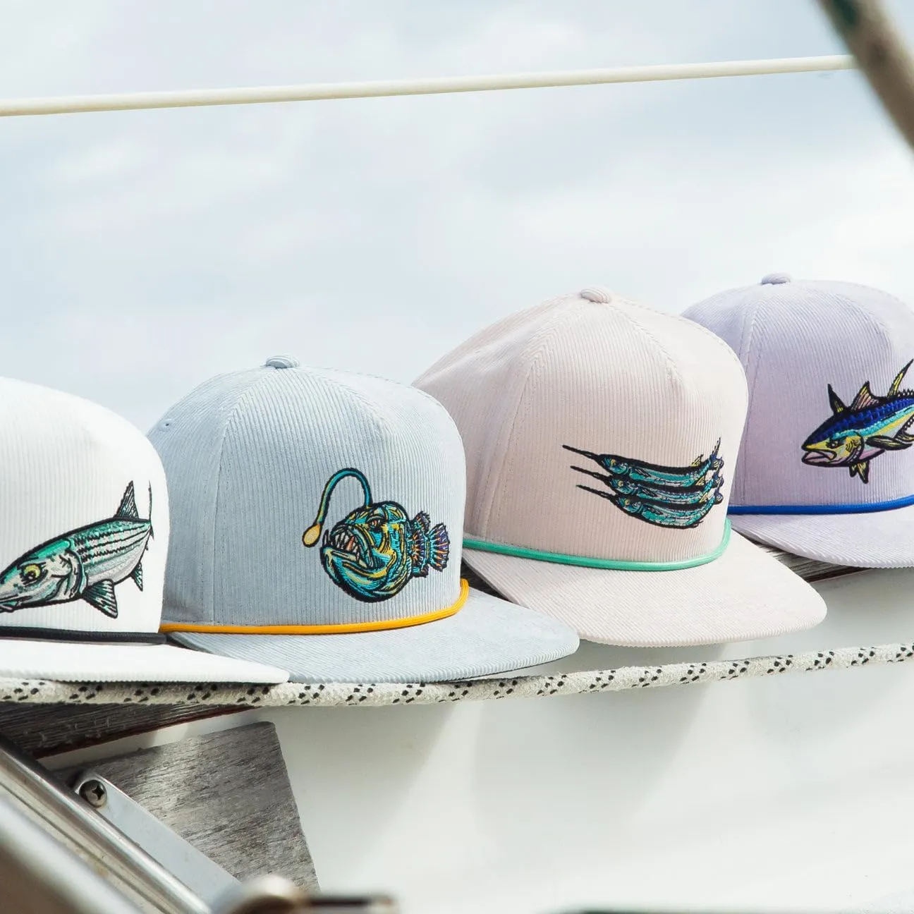 Bajo Flat Brim Fishing Hat  Marine Art Snapback Trucker Cap with Embroidered Ocean Design, Breathable and Coastal-Ready