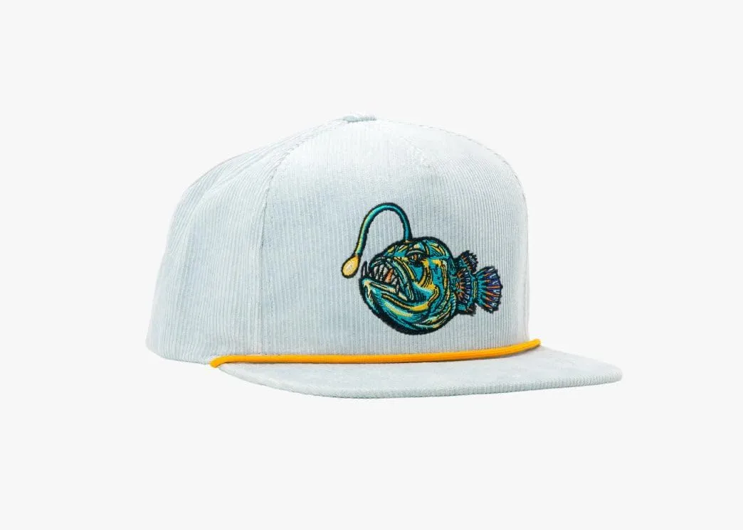 Bajo Flat Brim Fishing Hat  Marine Art Snapback Trucker Cap with Embroidered Ocean Design, Breathable and Coastal-Ready