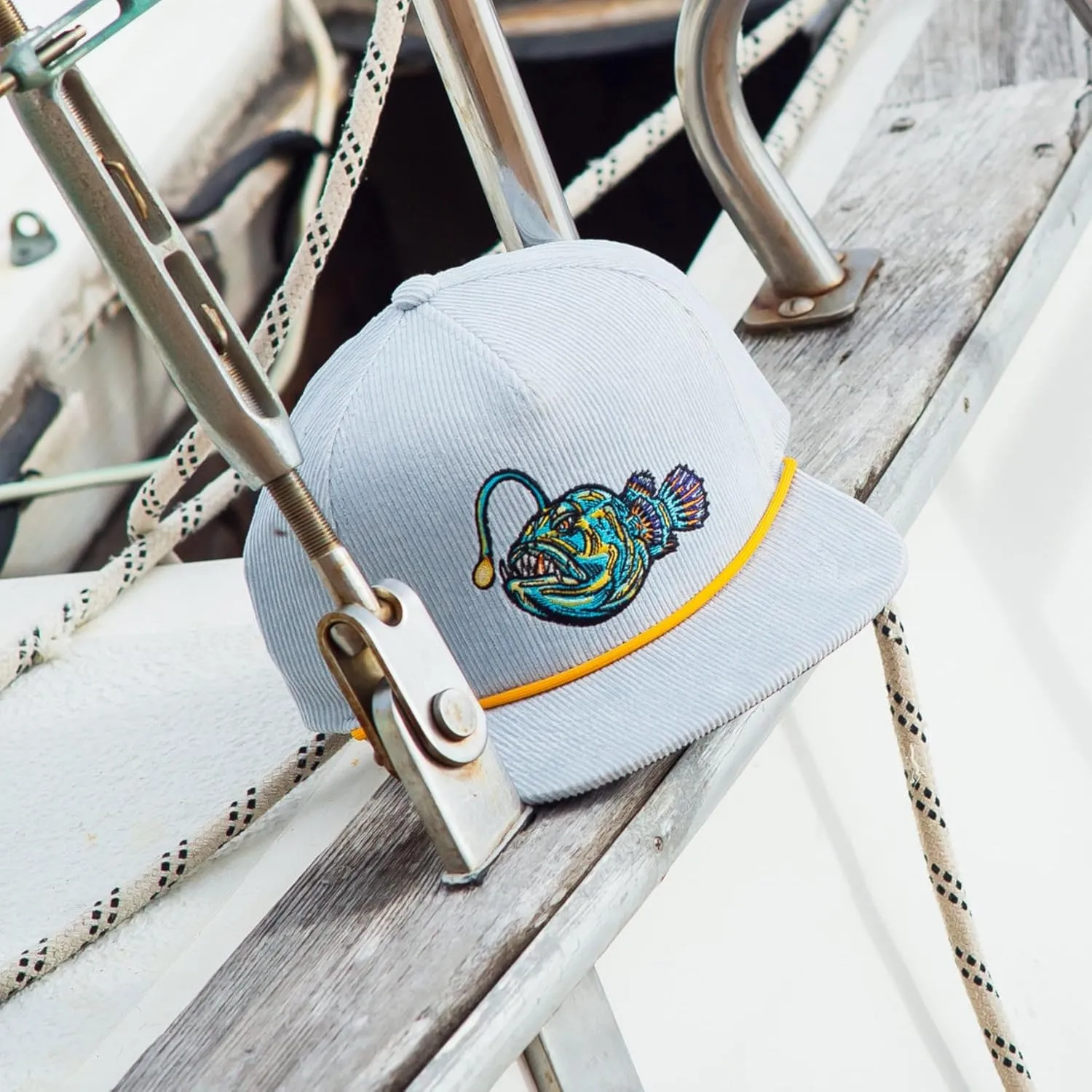 Bajo Flat Brim Fishing Hat  Marine Art Snapback Trucker Cap with Embroidered Ocean Design, Breathable and Coastal-Ready