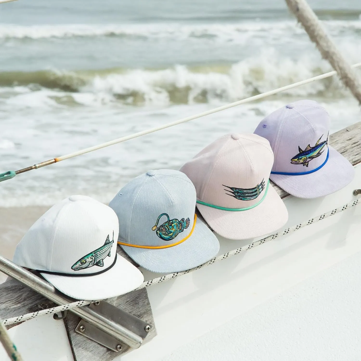 Bajo Flat Brim Fishing Hat  Marine Art Snapback Trucker Cap with Embroidered Ocean Design, Breathable and Coastal-Ready