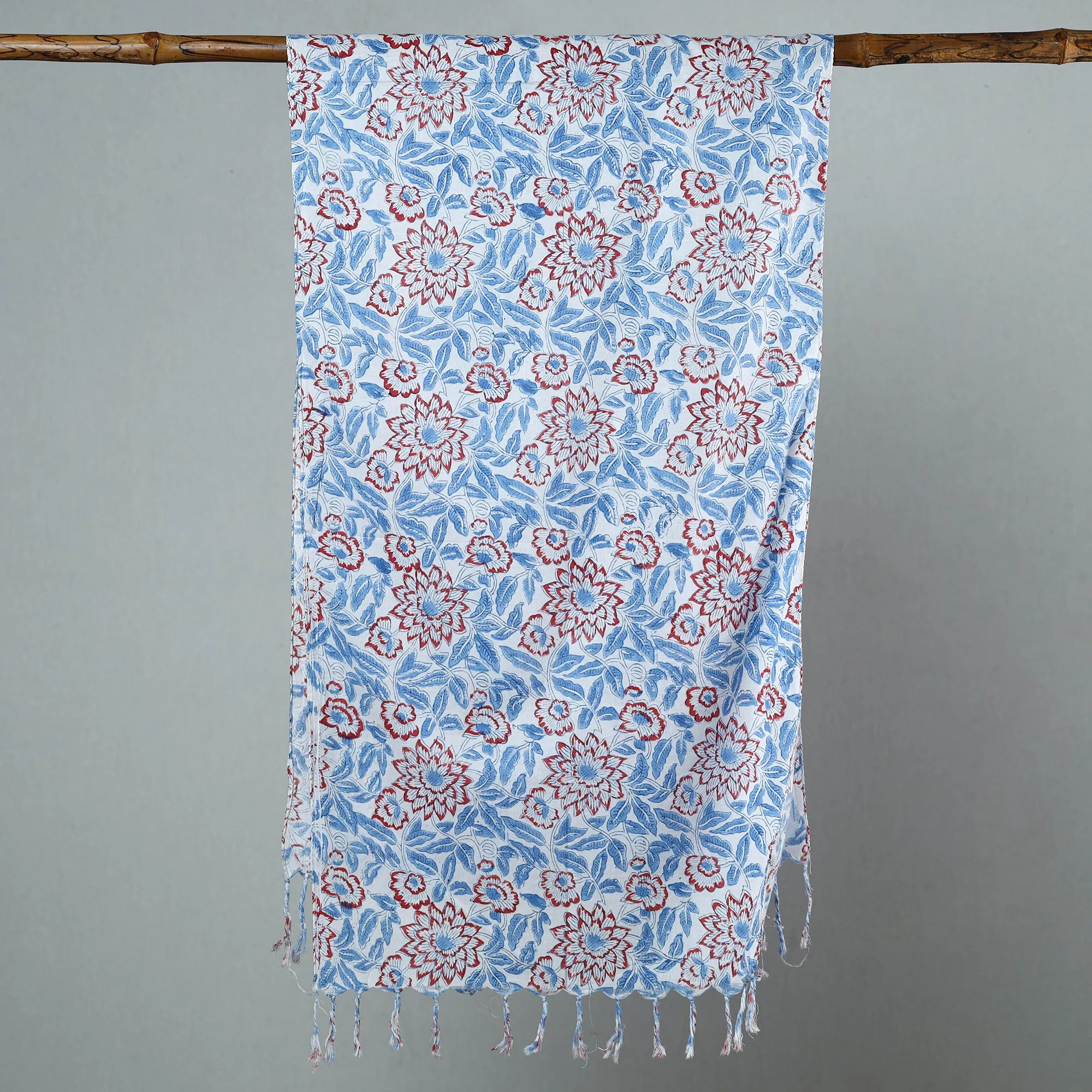 Blue - Sanganeri Block Printed Cotton Stole with Tassels 101