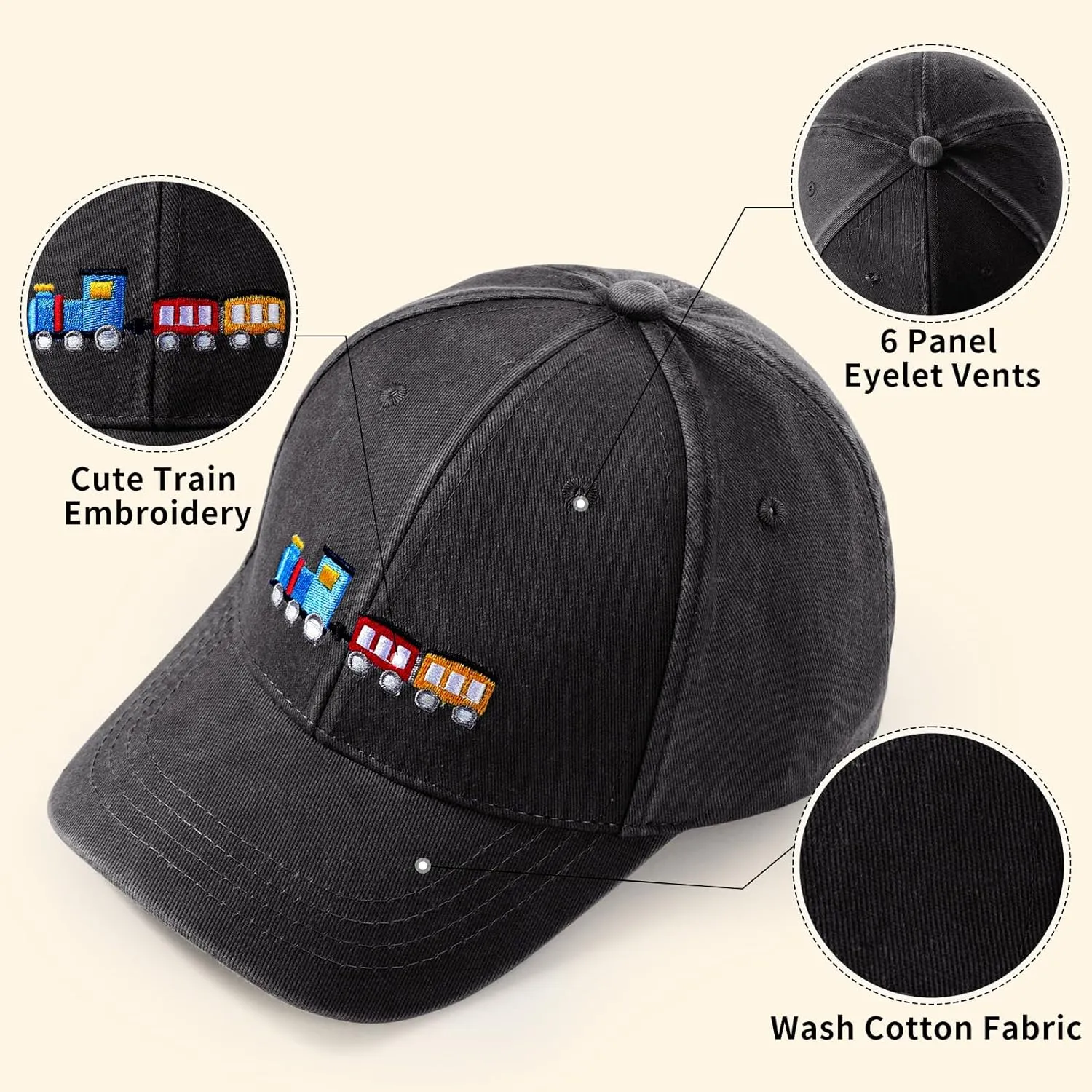 Cute Train Embroidered Kids Baseball Caps Toddler Washed Cotton Vintage Snapback Trucker Hat for Boys Girls 3-8 Years