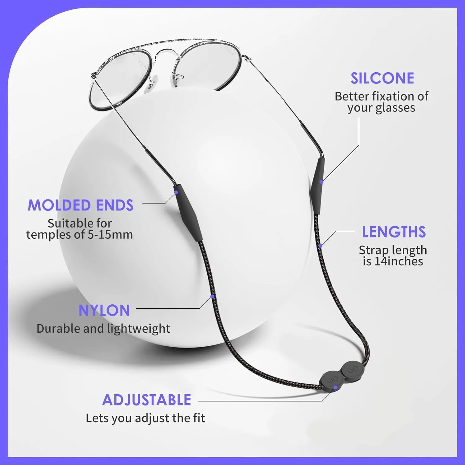 Glasses Strap 3 Pcs - No Tail Sunglasses Straps - Adjustable Eyeglasses Strap, Eye Glass Holder Around Neck, Sports Rope Eyewear Retainer, Glasses Straps for Men Women 14In Black Lanyard Cord