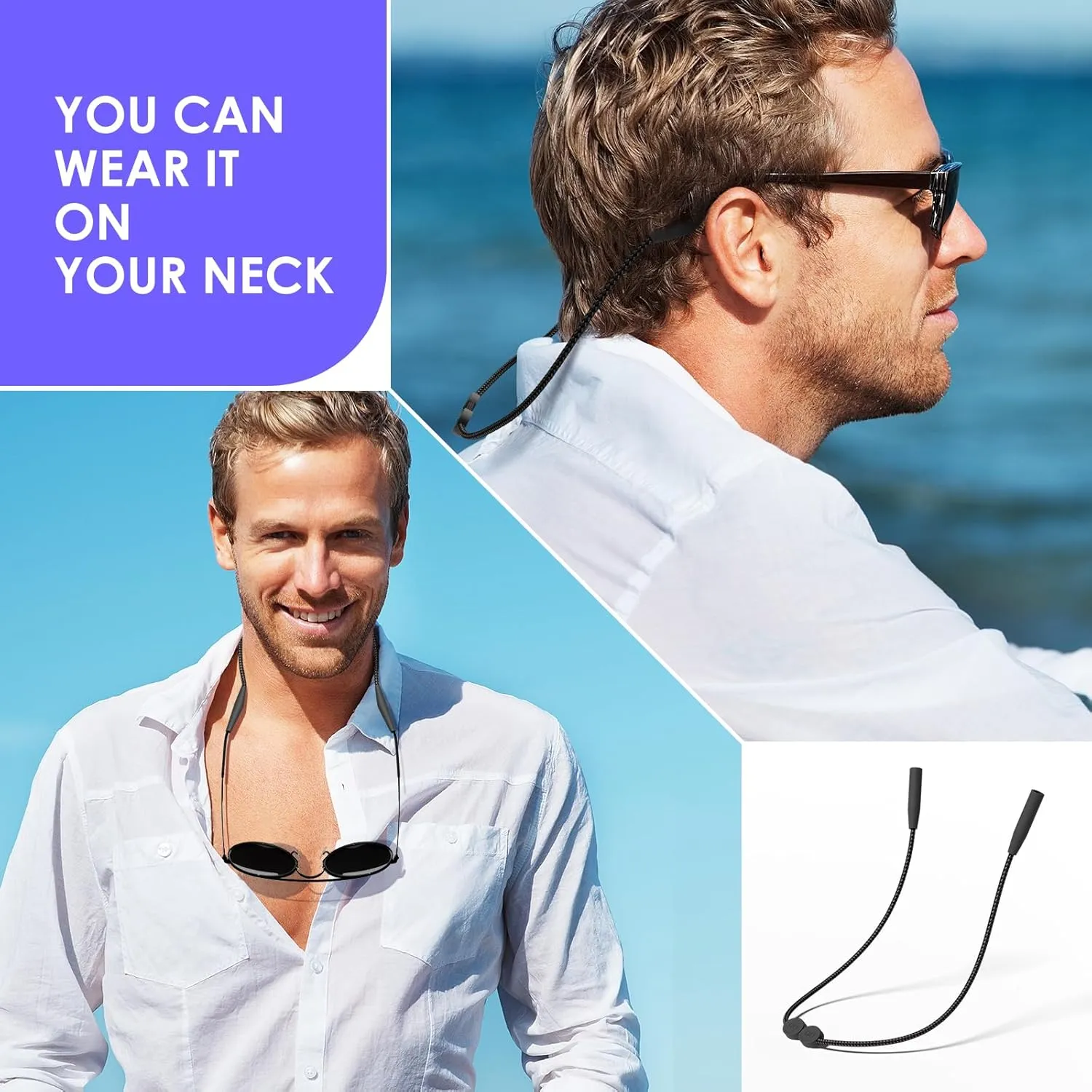 Glasses Strap 3 Pcs - No Tail Sunglasses Straps - Adjustable Eyeglasses Strap, Eye Glass Holder Around Neck, Sports Rope Eyewear Retainer, Glasses Straps for Men Women 14In Black Lanyard Cord