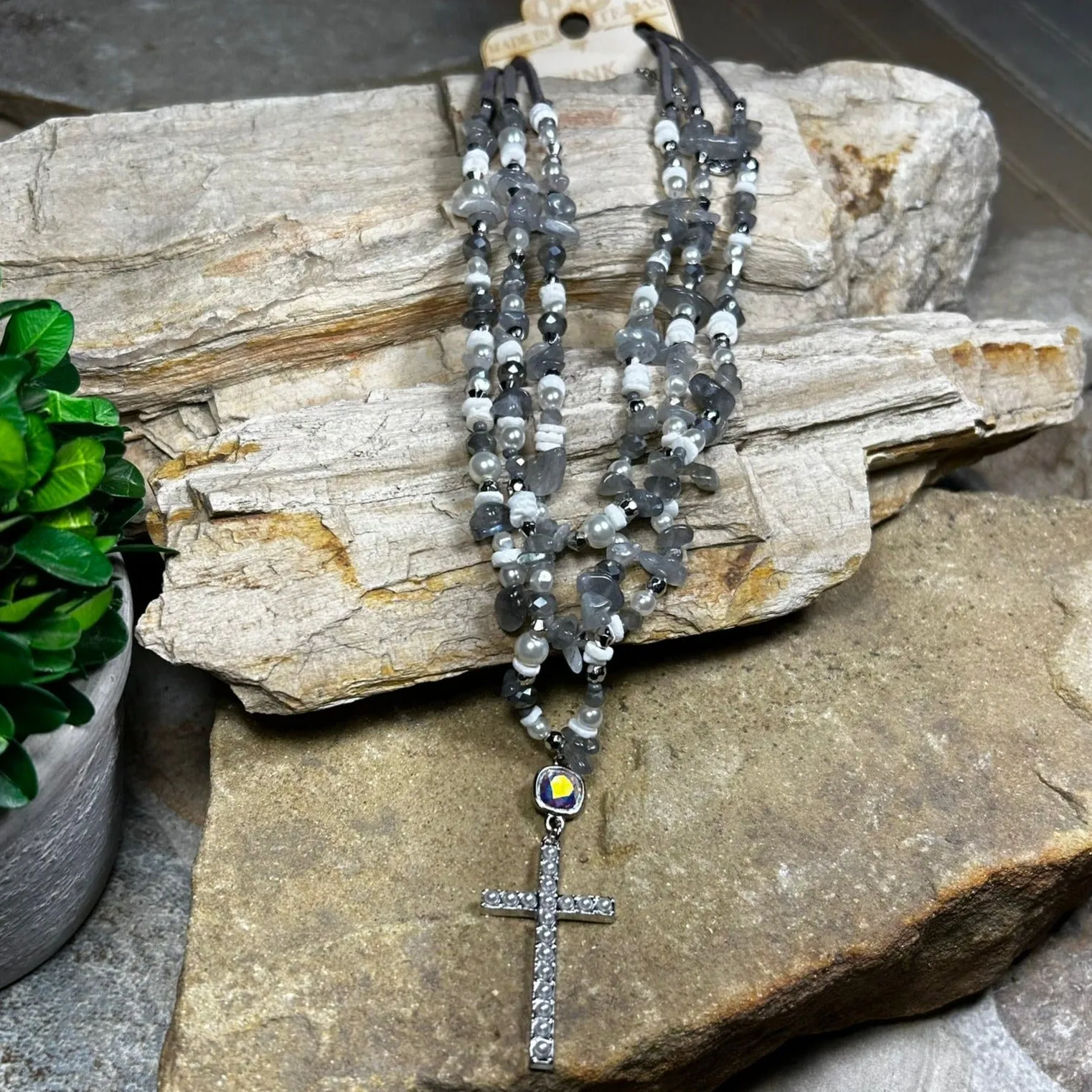 Gray Pearl Studded Cross Necklace