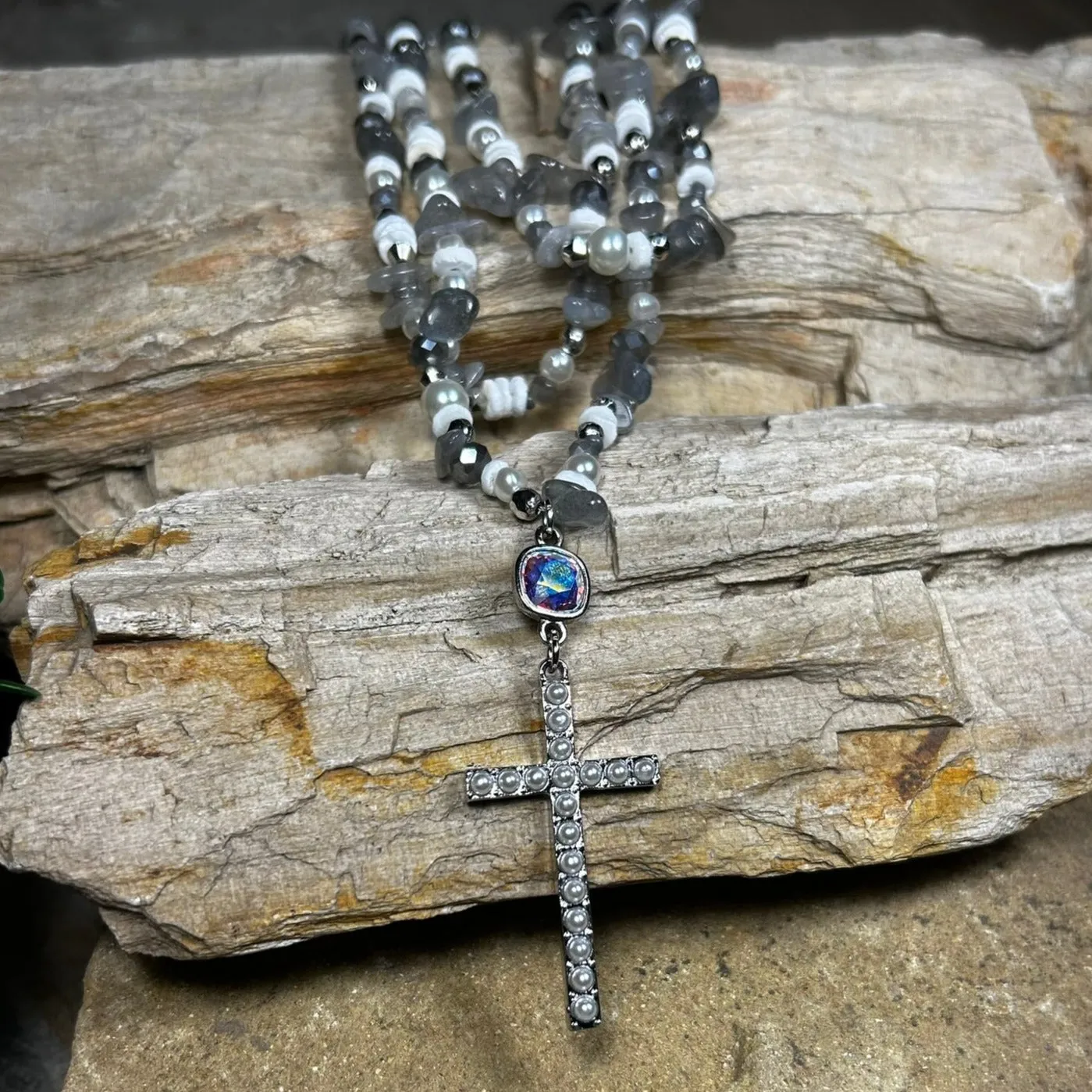 Gray Pearl Studded Cross Necklace