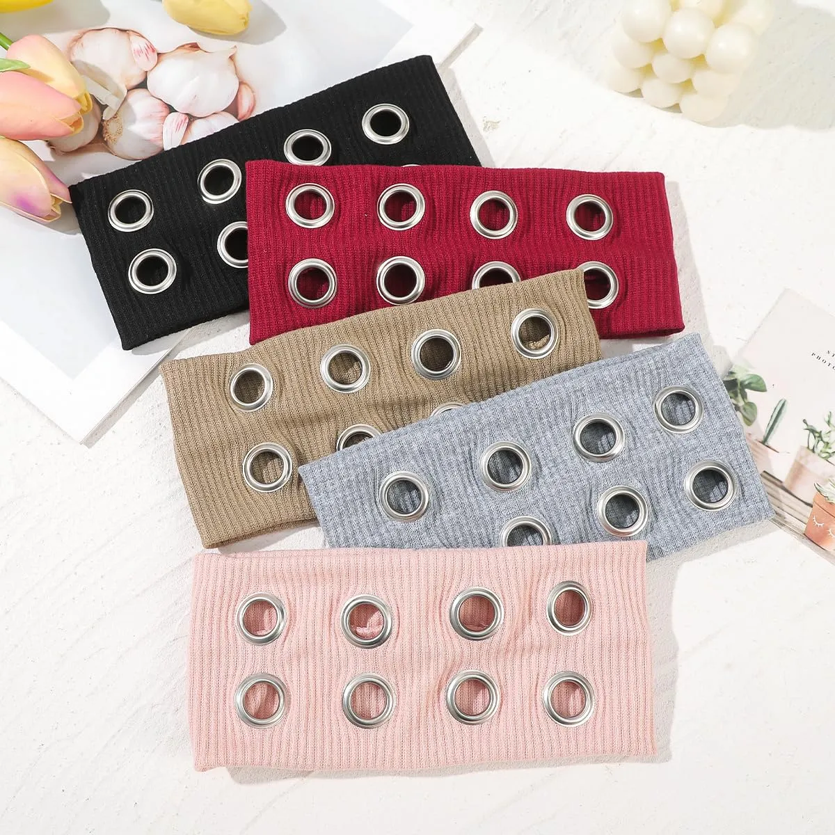 Hollow Eyelet Elastic Headband,Studded Headband Punk Style Rivet,Eyelets Elastic Stretchy Casual Hair Accessory (Grey, Adjustable)