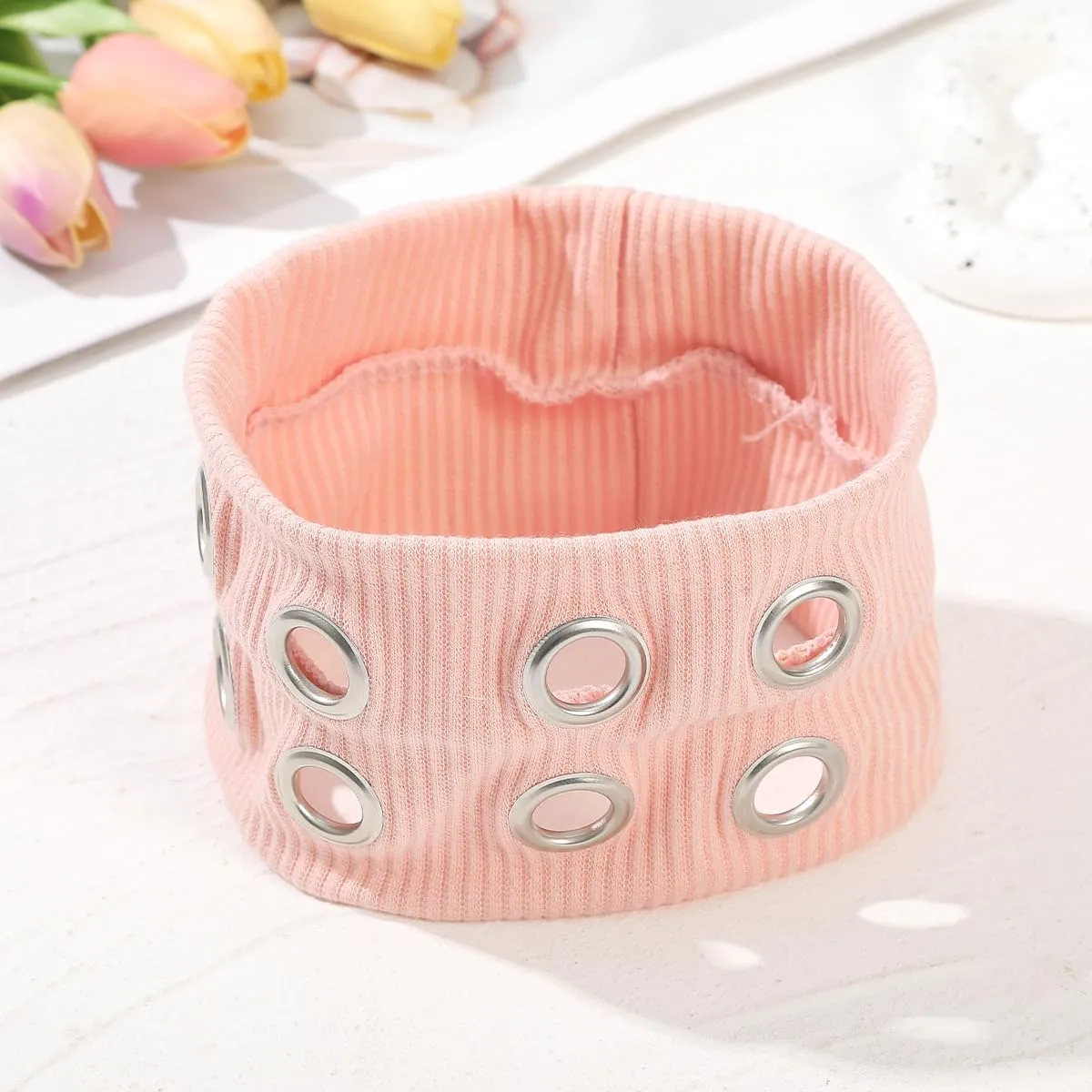 Hollow Eyelet Elastic Headband,Studded Headband Punk Style Rivet,Eyelets Elastic Stretchy Casual Hair Accessory (Grey, Adjustable)