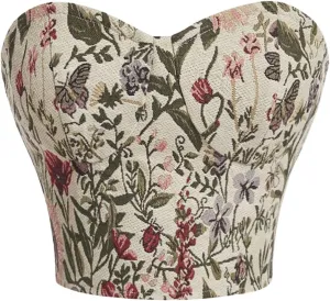 OYOANGLE Women's Floral Print Strapless Tube Tops Tie Back Bandeau Tops Renaissance Corset Tops