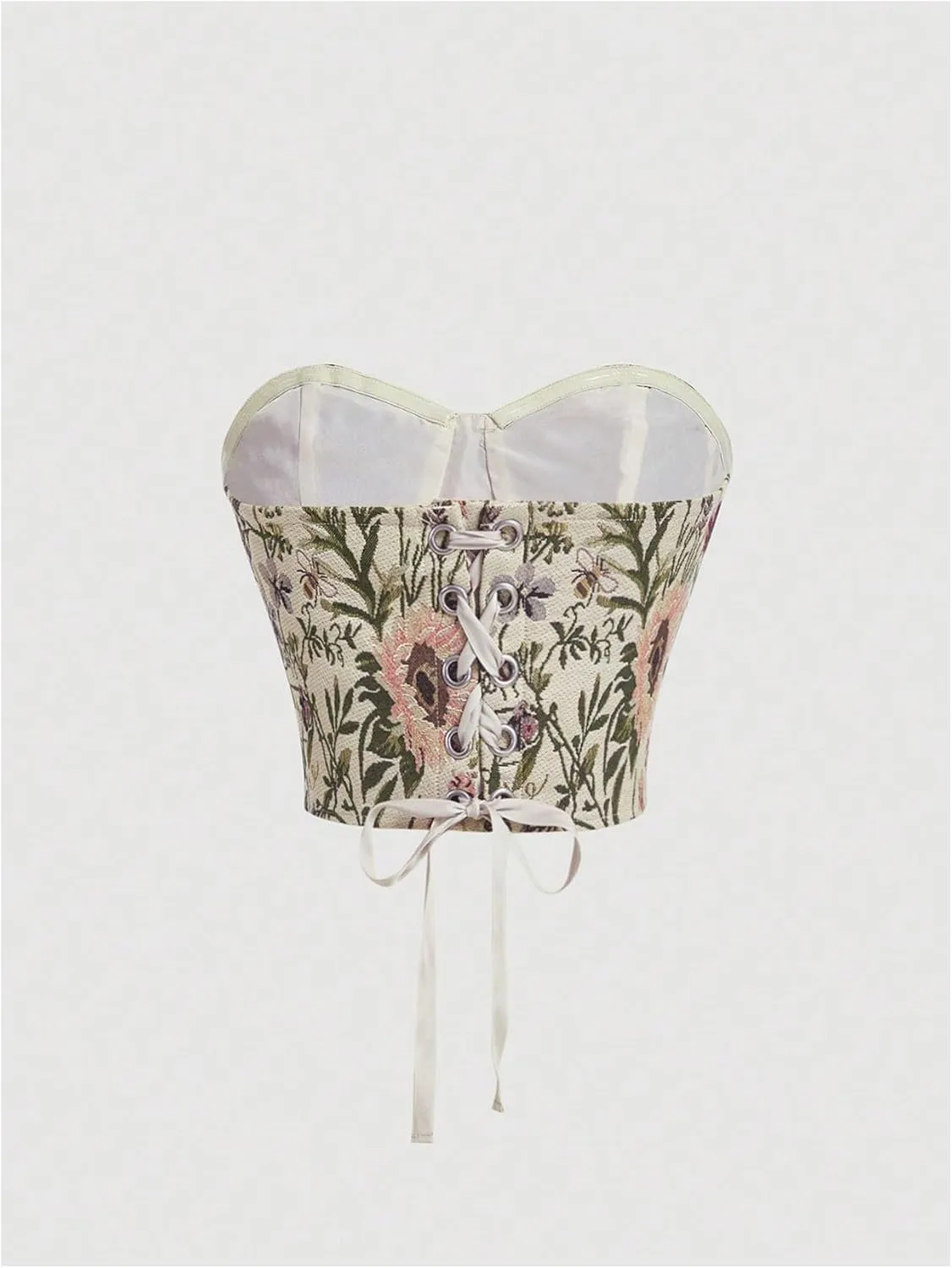 OYOANGLE Women's Floral Print Strapless Tube Tops Tie Back Bandeau Tops Renaissance Corset Tops