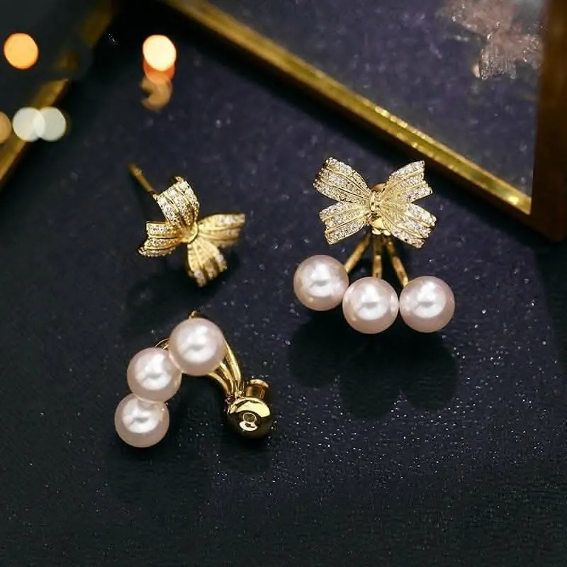 Pinapes crystal studded bow shaped stud pearl drop earrings for women