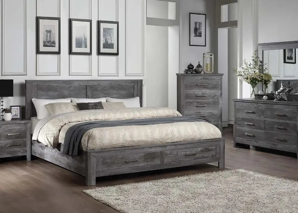 Rodrigo King Bed w/Drawers, Rustic Gray Oak