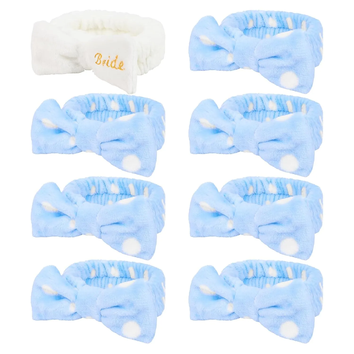 Semato Bachelorette Party Favor Set Bride Spa Headband Bride Headband and Bridesmaid Headband Skincare Headbands for Women Cute Bow Head Bands Party Supplies (1 bride  7 blue dot)