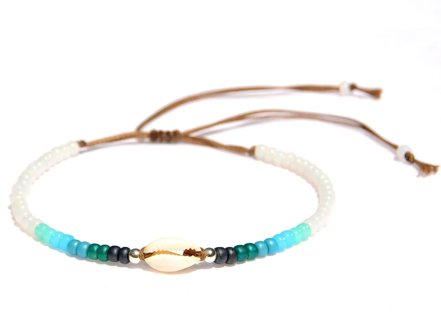 Shell Anklet for Women, Natural Cowrie Seashell Adjustable Waterproof Beaded Ankle Bracelet, Blue Turquoise Aqua Beads, Boho Beach Summer Hawaiian, Handmade by Tribes (Ocean- white opal dominant)