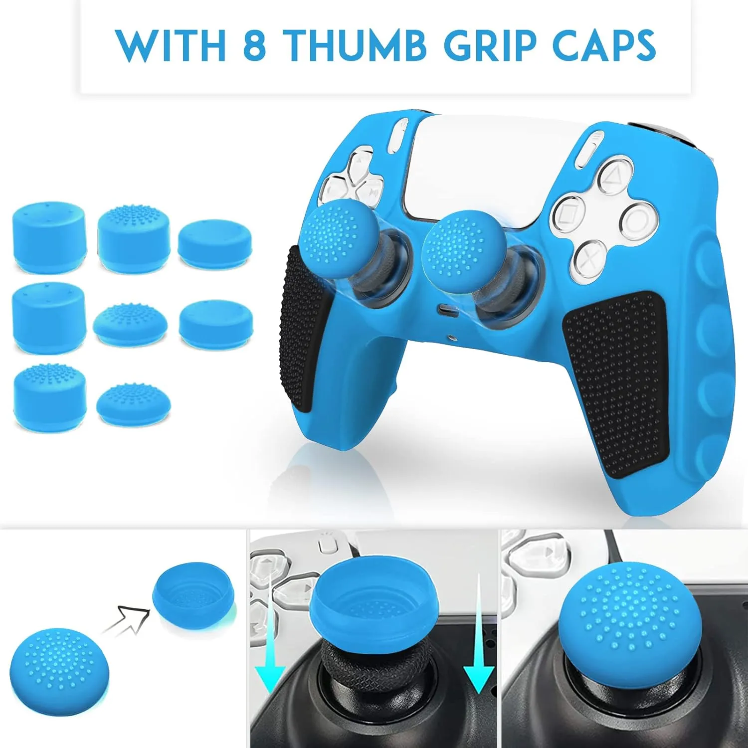 SIKEMAY Anti-Slip PS5 Controller Skin, Soft Thicken Non-Slip Studded Silicone Gel Grip Protective Cover Case for PlayStation 5 Controller Grip, 2 Pack with 8 x Thumb Grip Caps