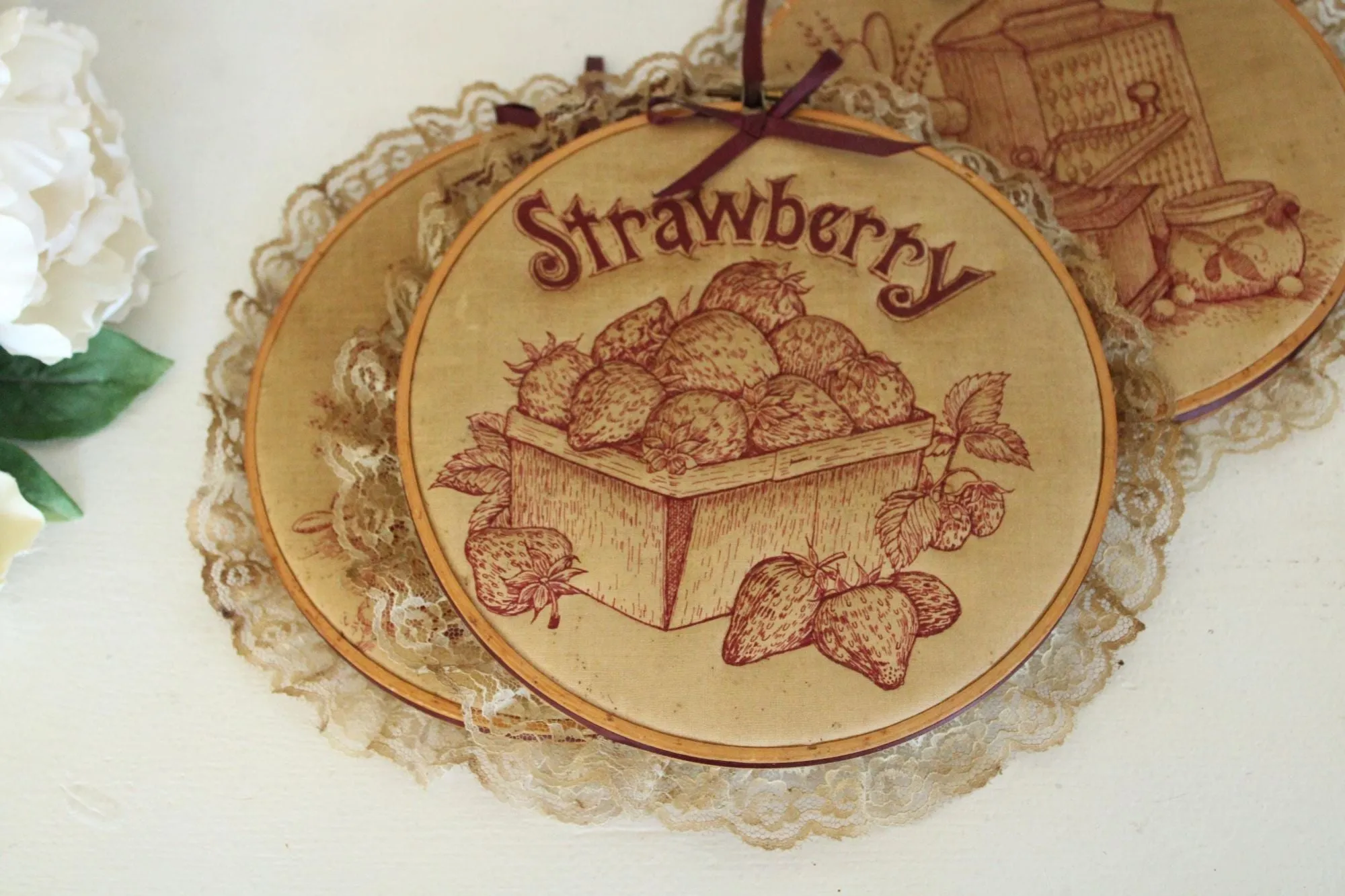 Vintage 1970s Framed Embroidered Strawberry, Bread and Kitchen Tools