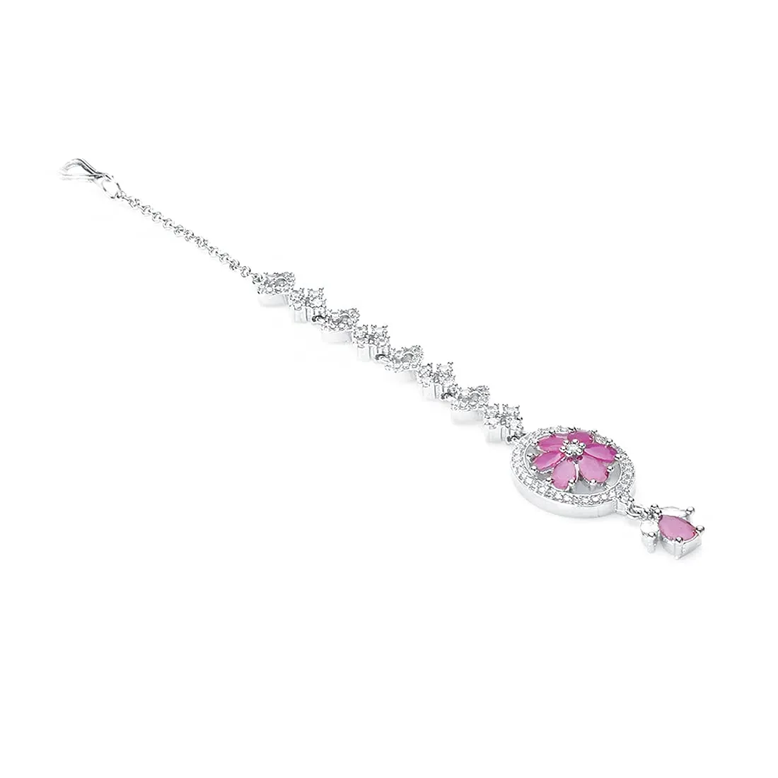 Yellow Chimes American Diamond Maang Tikka for Women Rhodium Plated Crystal Pink High Grade Authentic AD Jewellery Maang Tikka for Women and Girls
