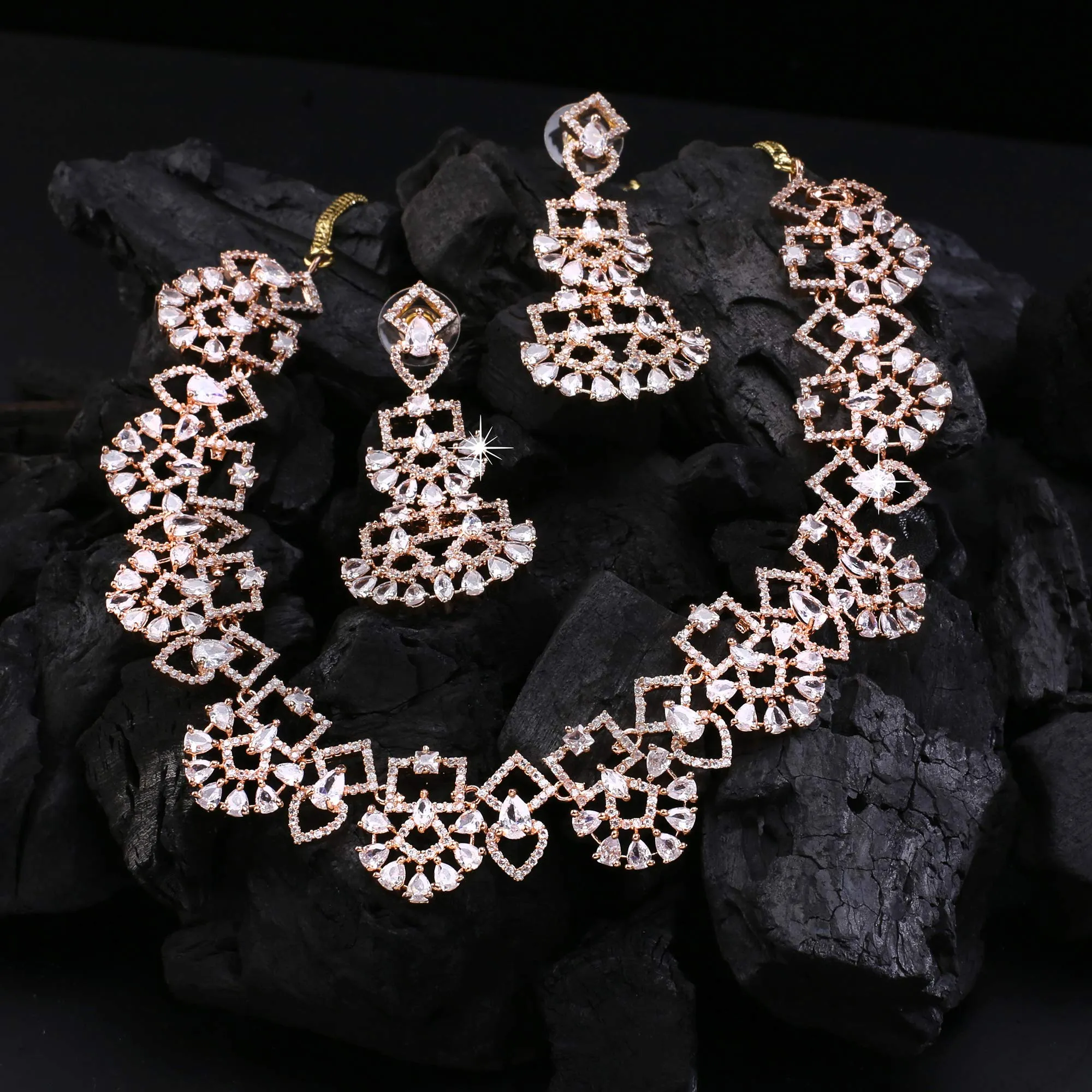 Yellow Chimes Luxurious Looks AD/American Diamond Studded Rose Gold Plated Designer Necklace Set Jewellery Set for Women & Girls
